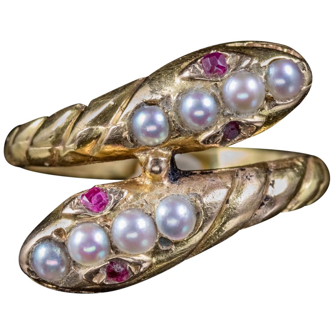 Antique Victorian Ruby Pearl Snake Ring 18 Carat Gold, circa 1880 For Sale