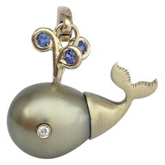 Petronilla Diamond Blue Sapphire Pearl 18Kt Gold Whale Pendant/Necklace or Charm