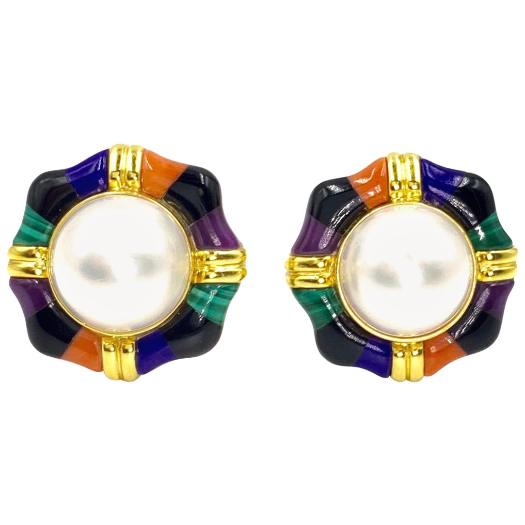 Asch Grossbardt Mabe Pearl Button Earrings with Multi-Stone Inlay For Sale