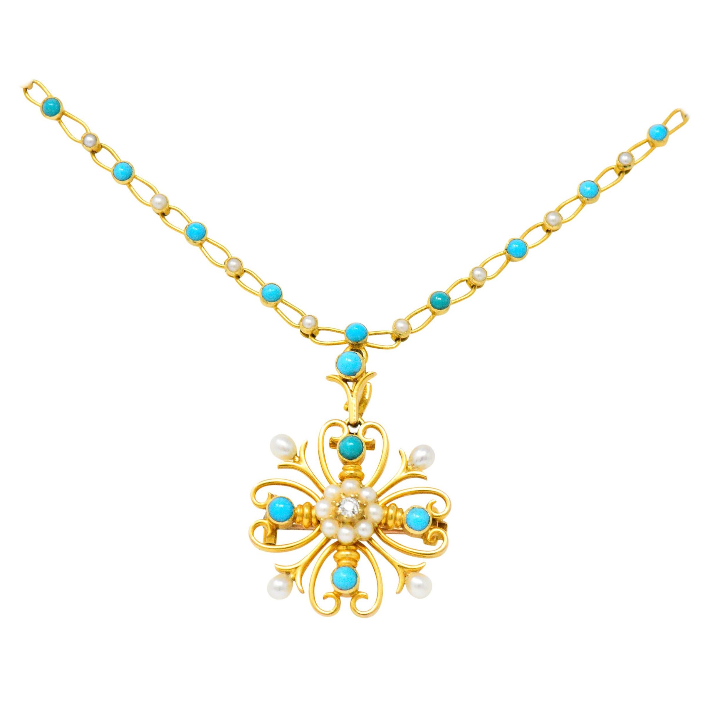 Victorian Diamond Seed Pearl Turquoise 18 Karat Gold Brooch Pendant Necklace