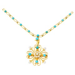 Victorian Diamond Seed Pearl Turquoise 18 Karat Gold Brooch Pendant Necklace
