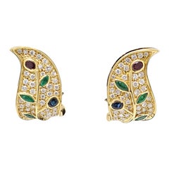 Sapphires Emerald and Ruby Yellow Gold Clip-On Drop Earrings 0.25 Carat Diamonds