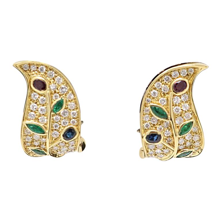 Sapphires Emerald and Ruby Yellow Gold Clip-On Drop Earrings 0.25 Carat ...