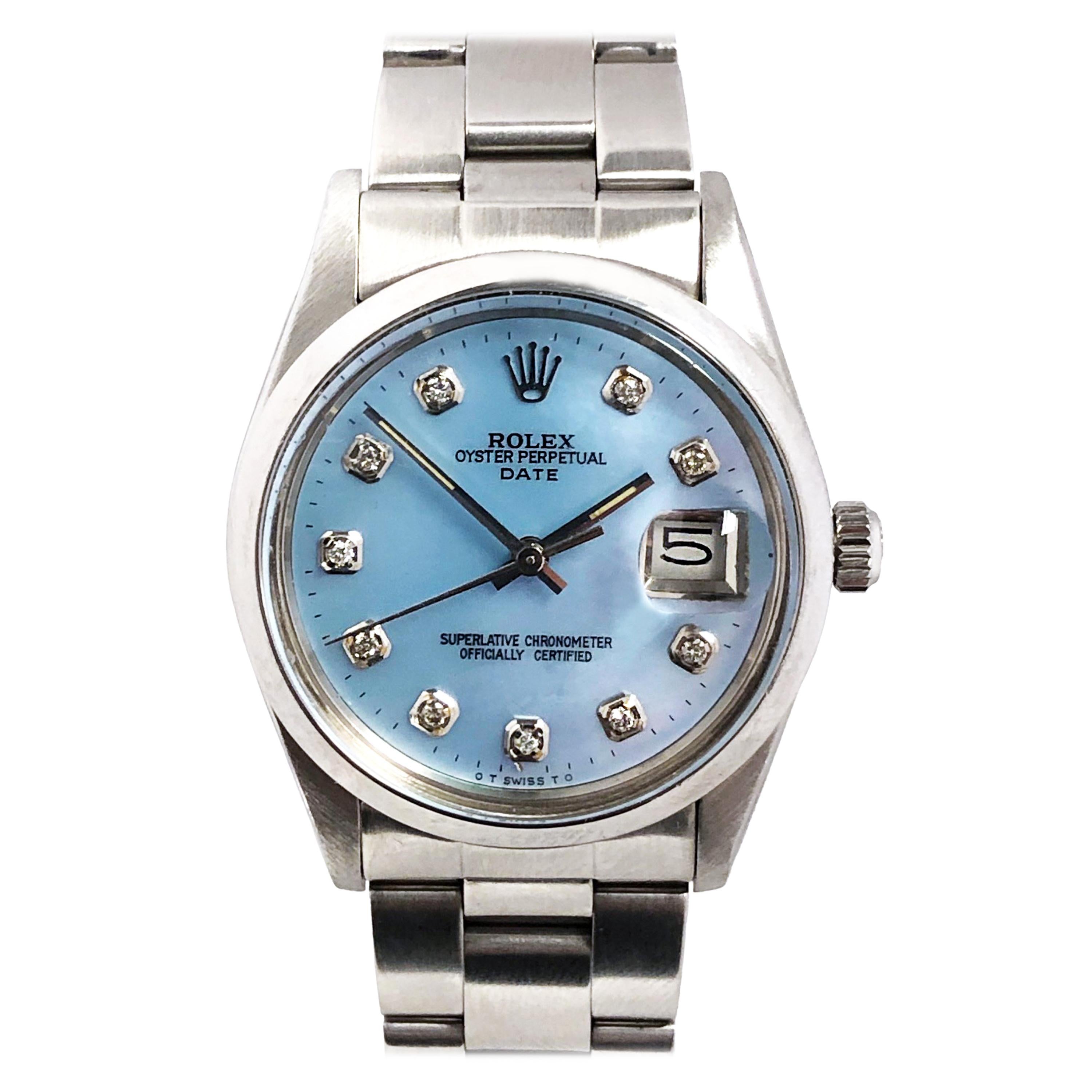 Rolex Date Model Stainless Steel Automatic Pearl and Diamond Dial Wristwatch