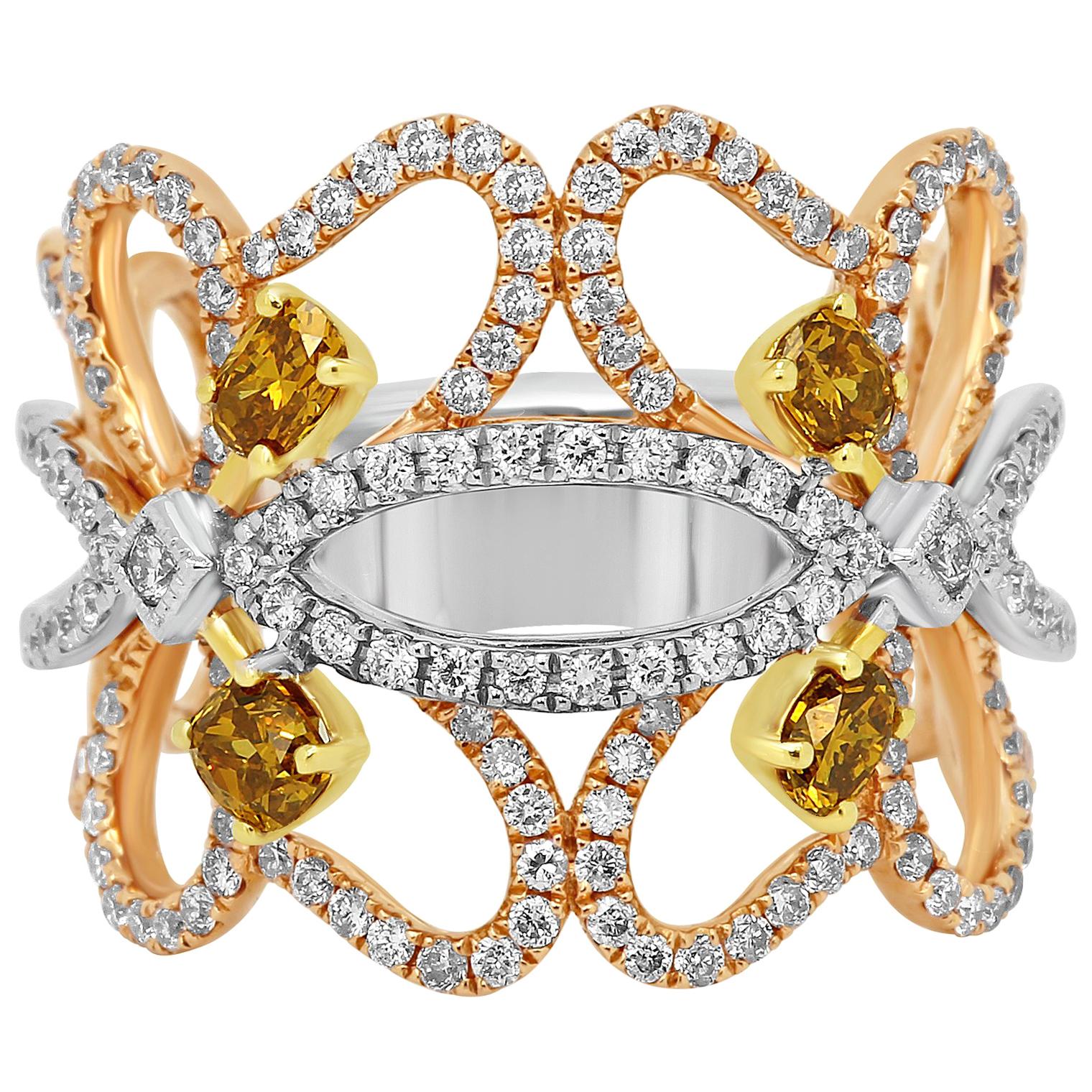 Natural Fancy Color Diamond ThreeColor Gold Cocktail Fashion Band Ring