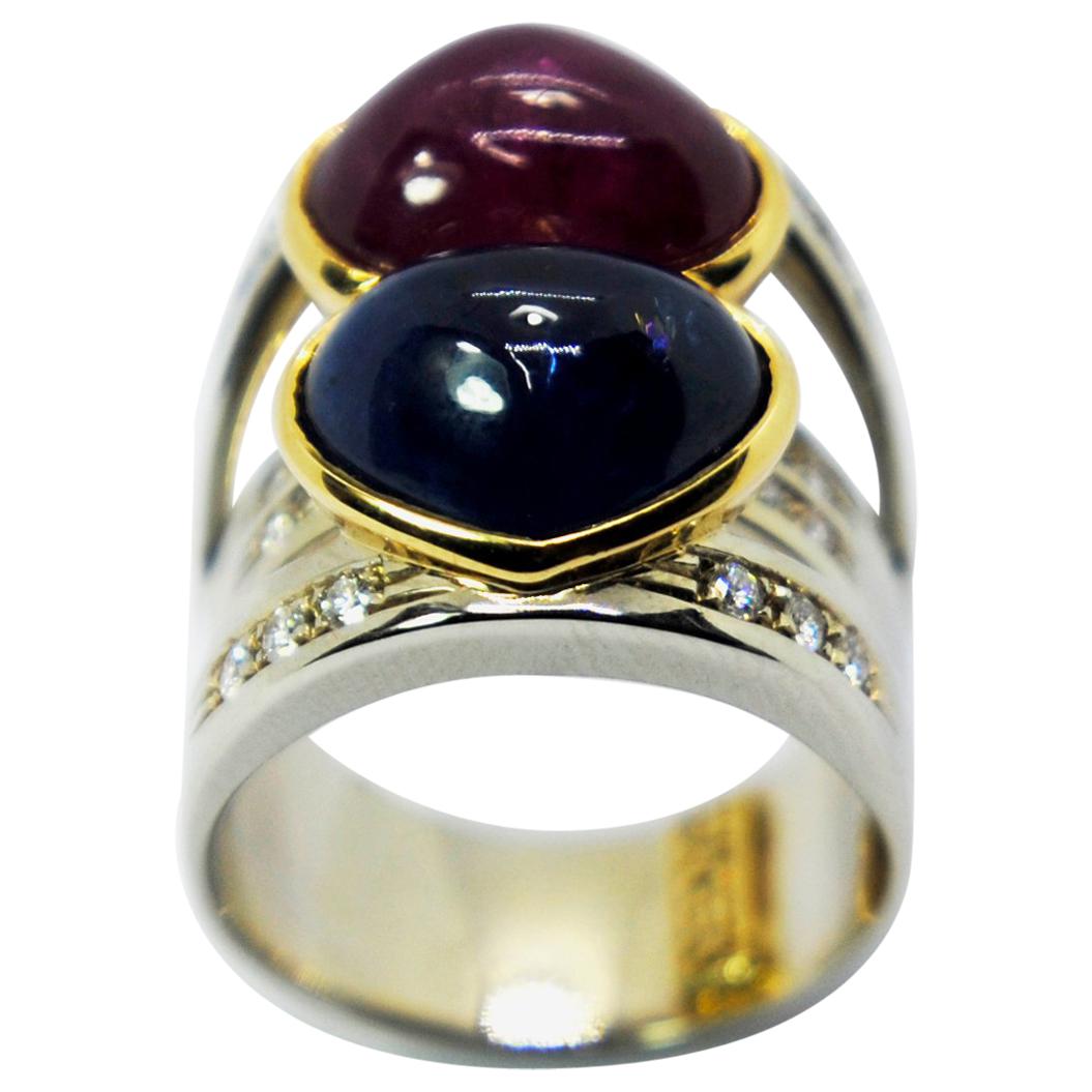 Ruby and Blue Sapphire Heart Shape Cabouchon in 18 Karat White Gold and Diamonds