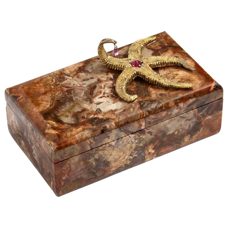 Petrified Wood Box with Silver-Gilt Starfish and Pink Sapphire by Nardi