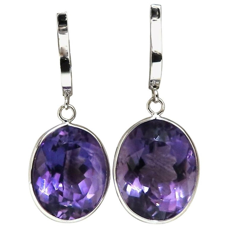 30 Carat Natural Oval Vivid Purple Amethyst Dangle Earrings 14 Karat ...