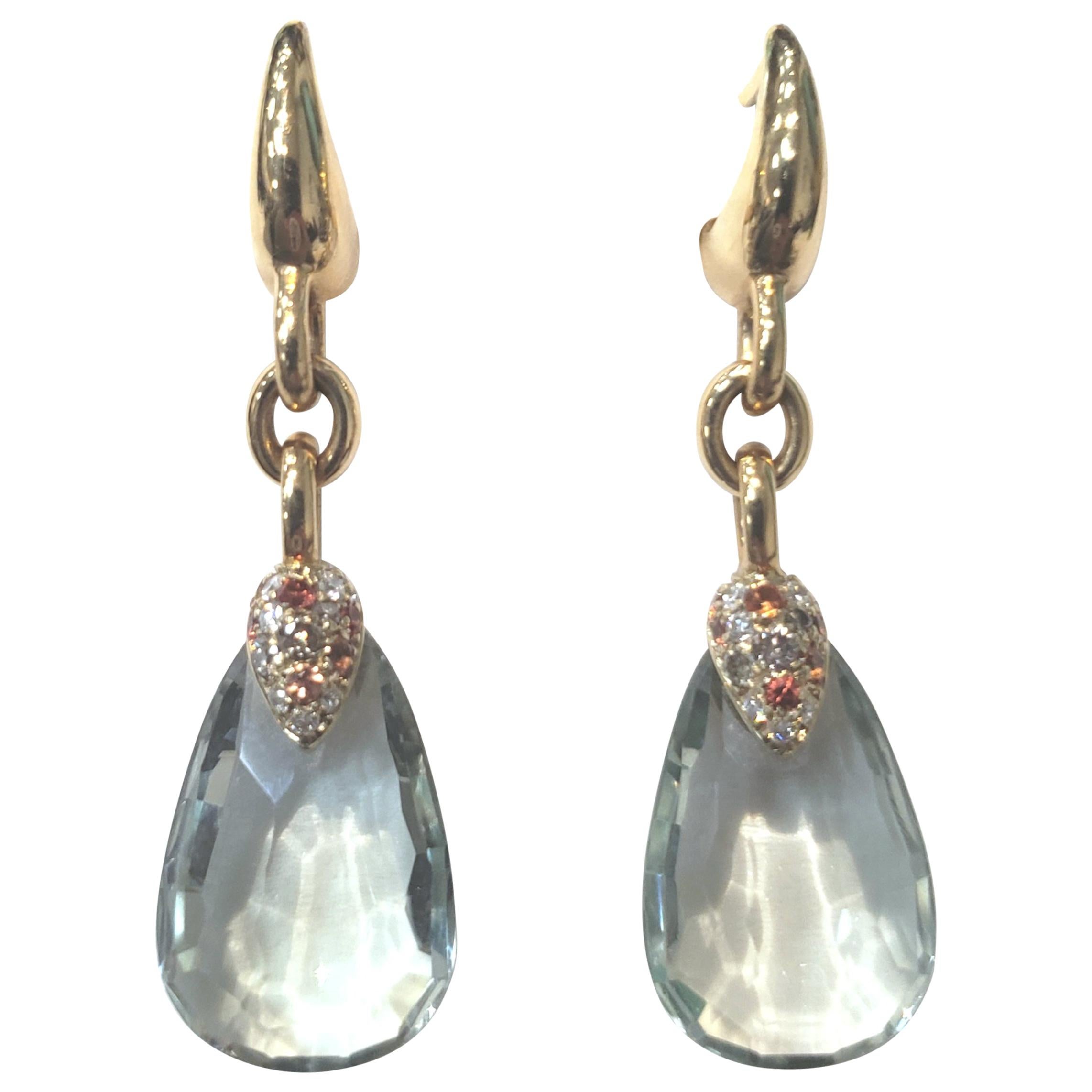 Pomellato 18 Karat Gold and Prasiolite Earrings with Diamond and Sapphires For Sale