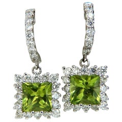 3.68 Carat Natural Peridot 1.36 Carat Diamond Dangle Earrings 14 Karat