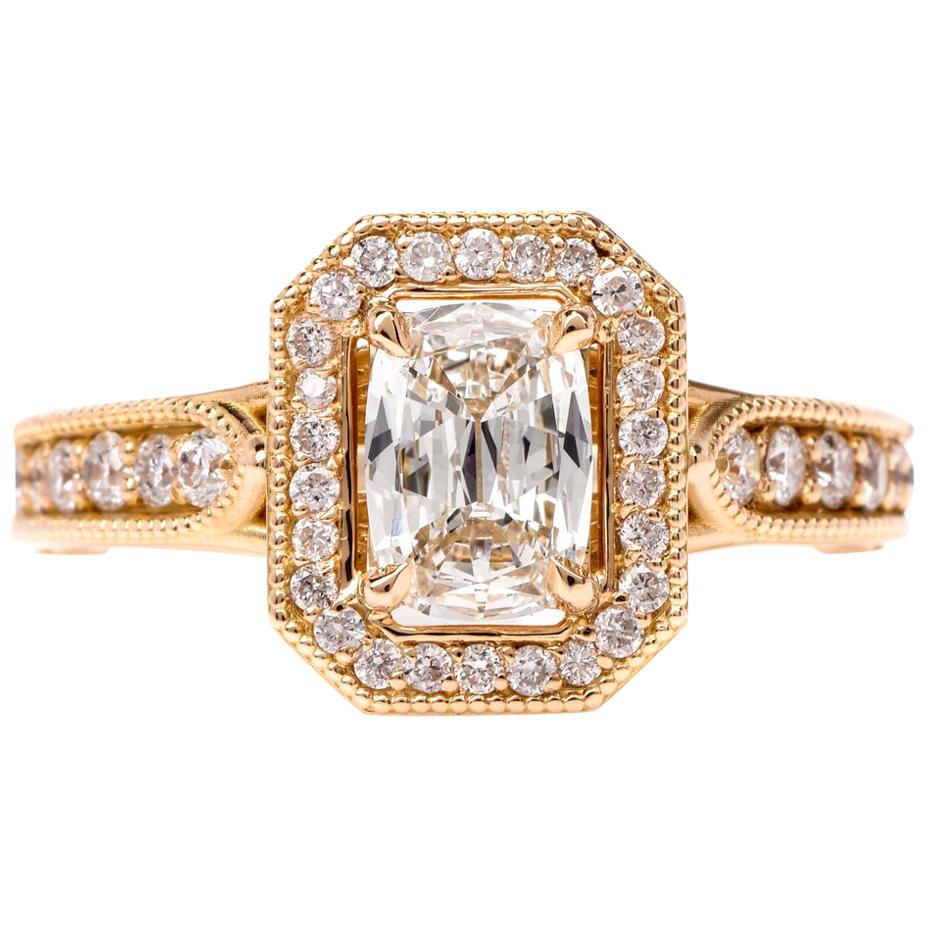 Cushion Diamond Filigree Halo 18 Karat Yellow Gold Engagement Ring
