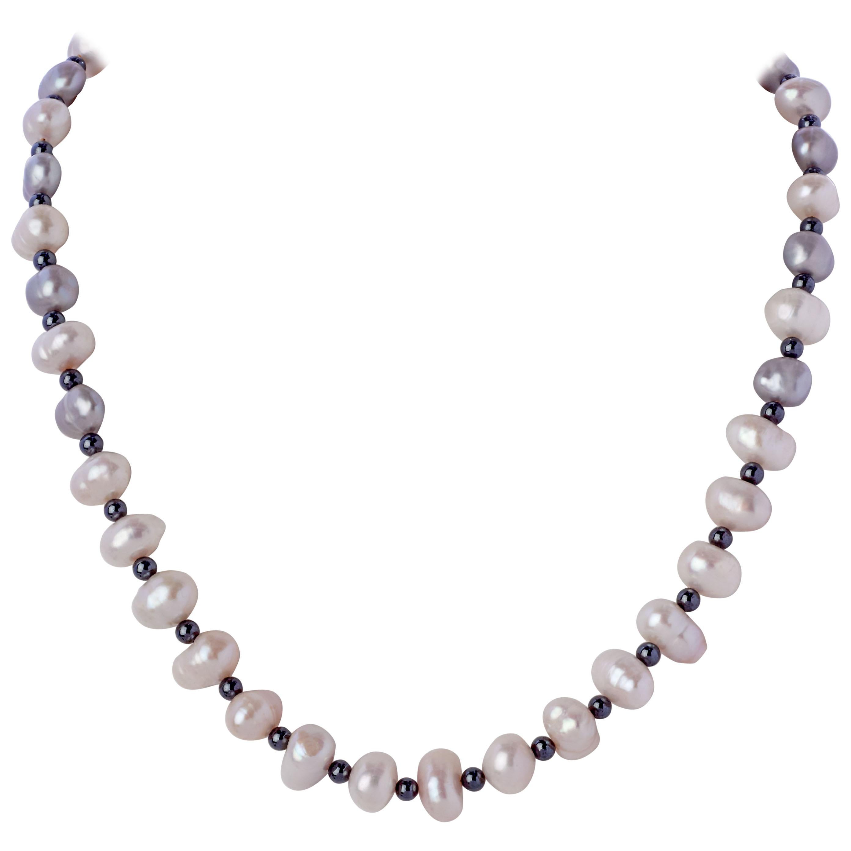 Baroque Pearl Necklace w Gray Hematite Beads & Sterling Silver & Diamond Clasp