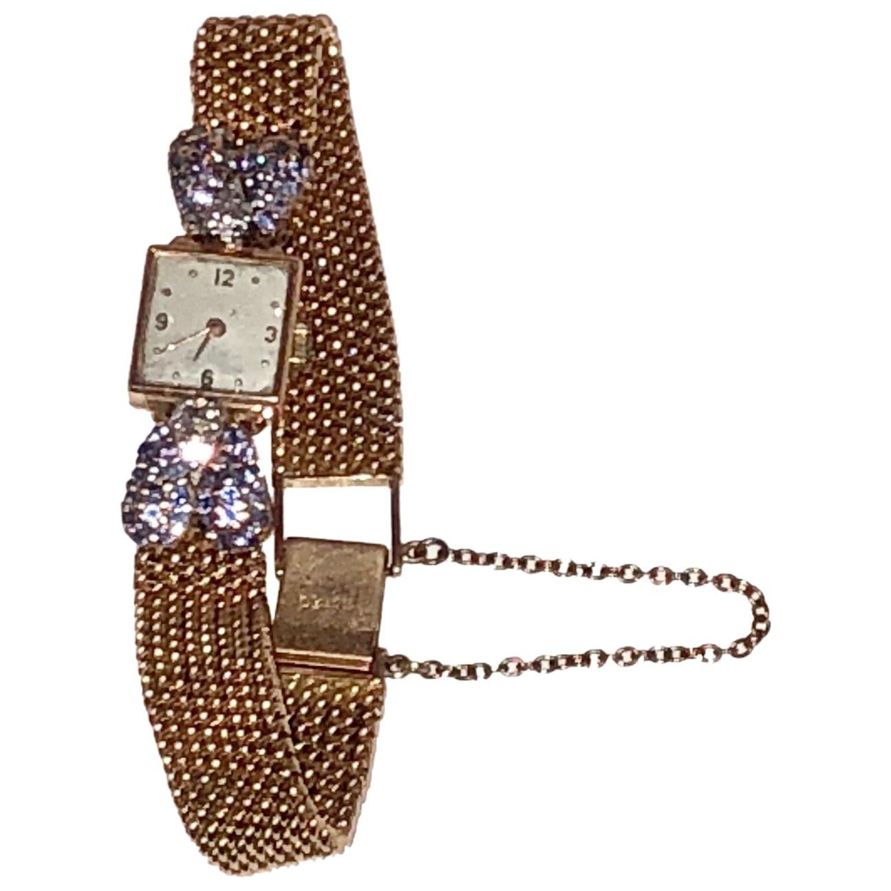 Vintager Square Face 18k Gold and Diamond and Ceylon Sapphire Ladys Wrist Watch For Sale