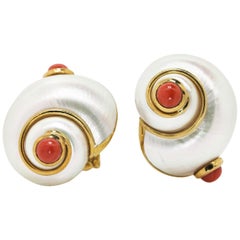 David Webb Shell and Coral Gold Earrings