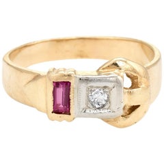 Vintage Retro Buckle Ring Diamond Pinky 14 Karat Yellow Gold Estate Jewelry