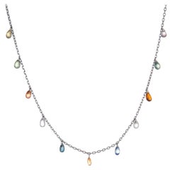 Estate Rainbow Sapphire Fringe Necklace 14 Karat White Gold Choker Briolette Cut