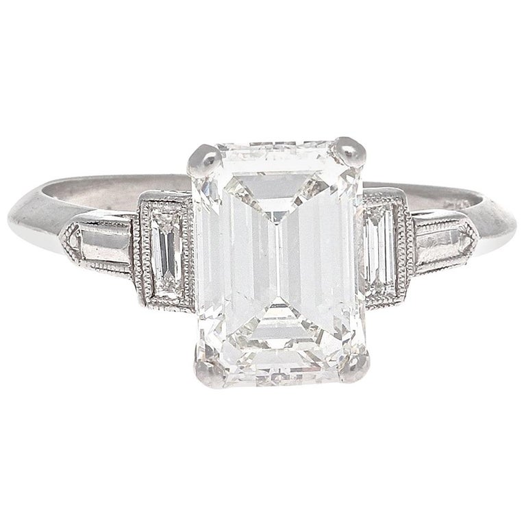 Art Deco GIA 2.02 Carat Emerald Cut Diamond Platinum Engagement Ring at