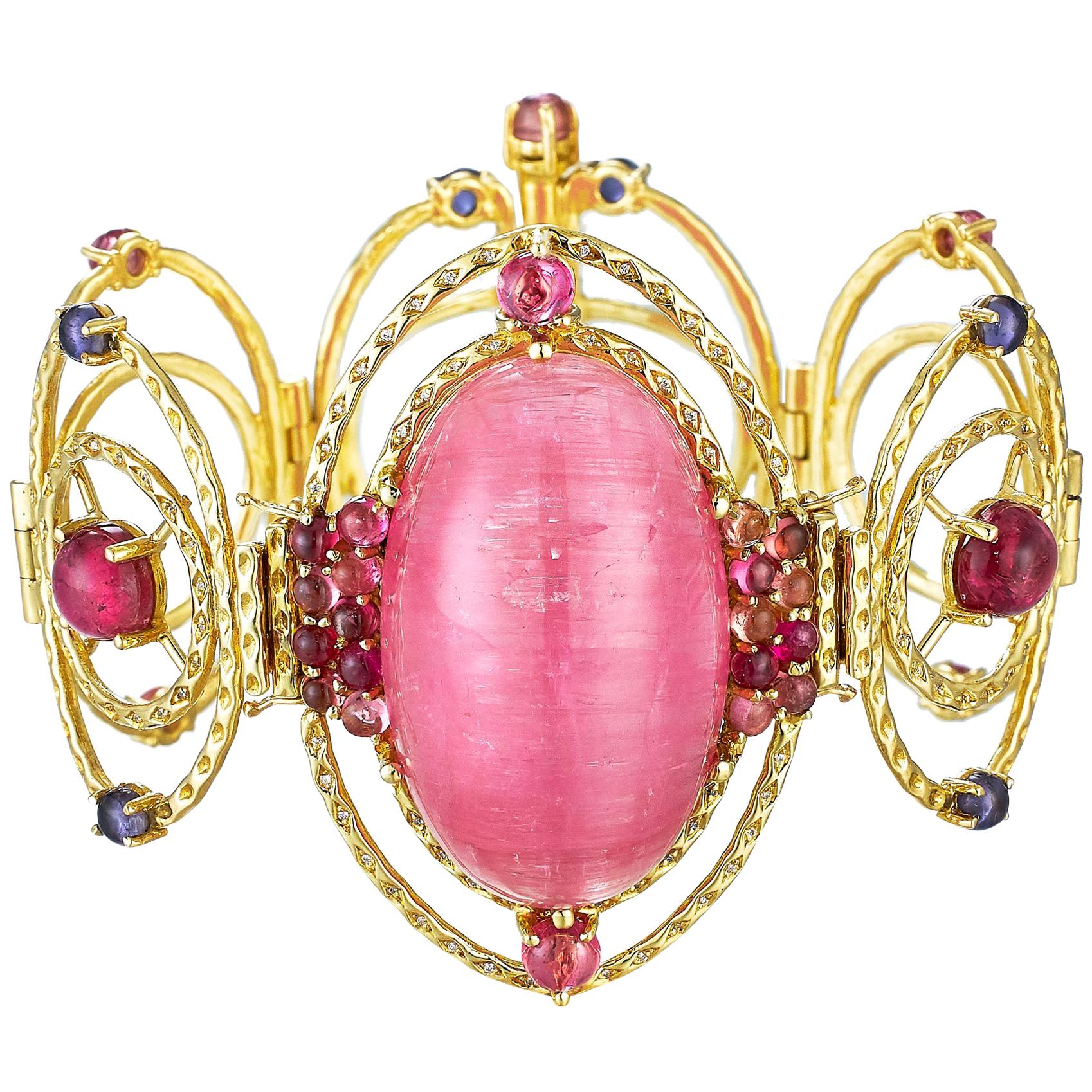 Daria de Koning Siberian Cat's Eye Pink Tourmaline, Iolite, Diamond Bracelet For Sale