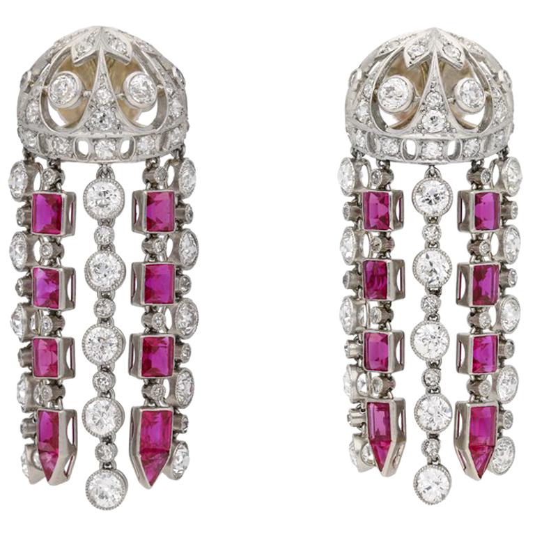 Ruby and Diamond Tassle Earrings, circa 1920 For Sale