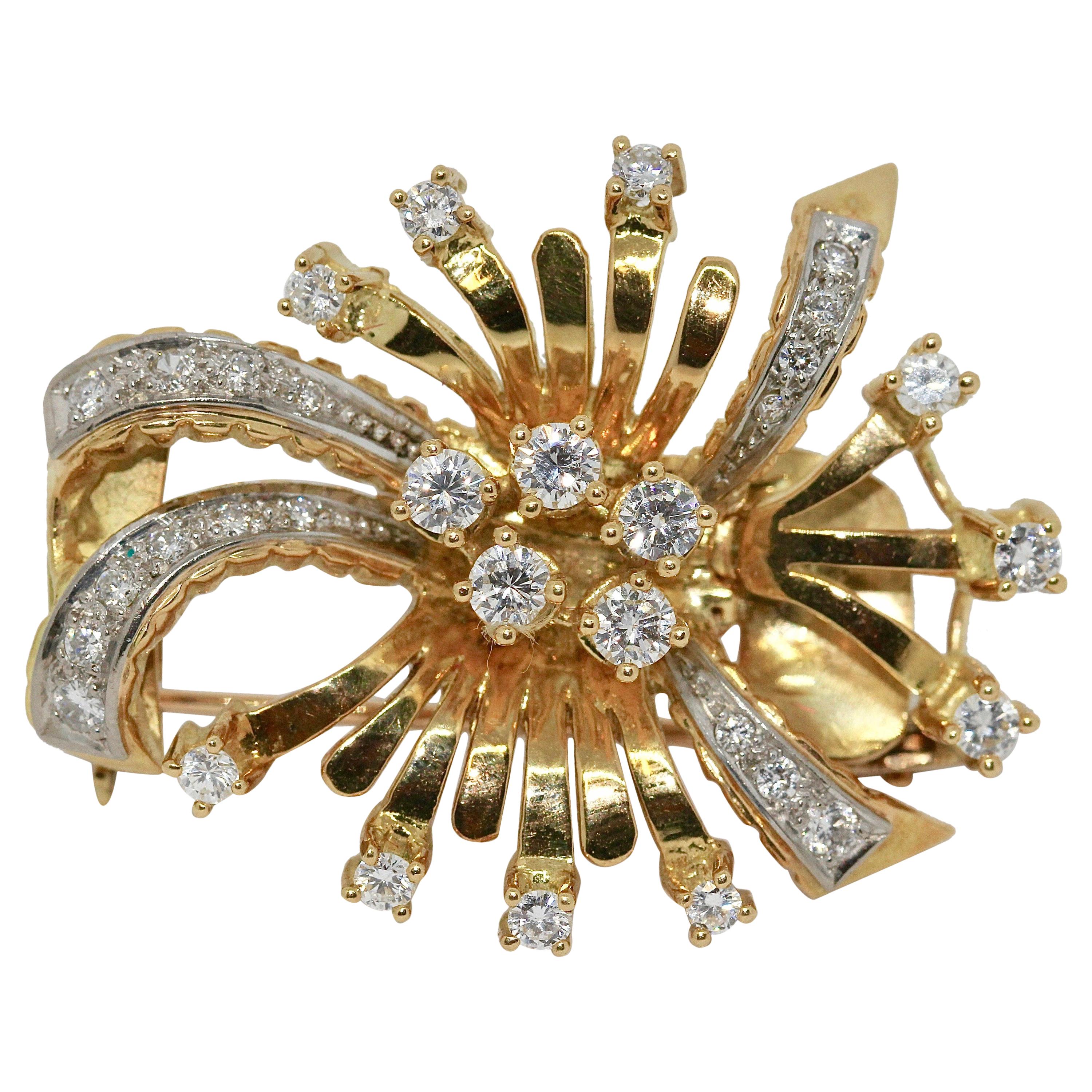 Diamond Brooch, Enhancer, Pendant 18 Karat Gold, in Floral Design