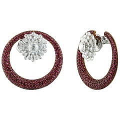 Studio Rêves Circular Ruby Earrings with Diamonds in 18 Karat Gold