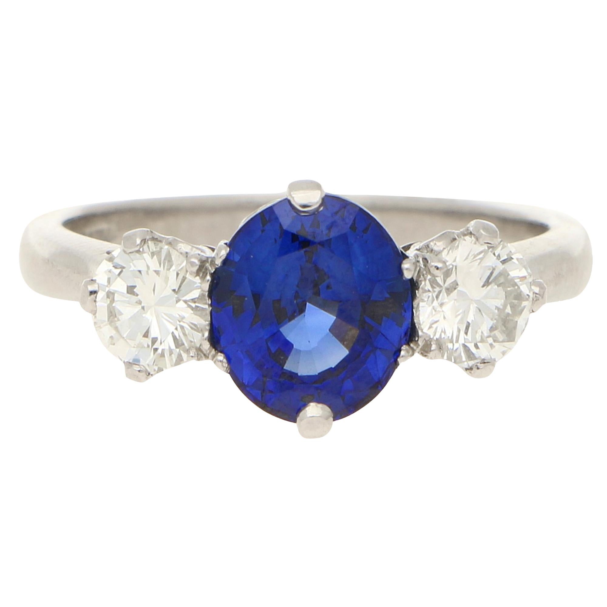 2.41 Carat Sapphire 0.71 Carat Diamond Three-Stone Engagement Ring
