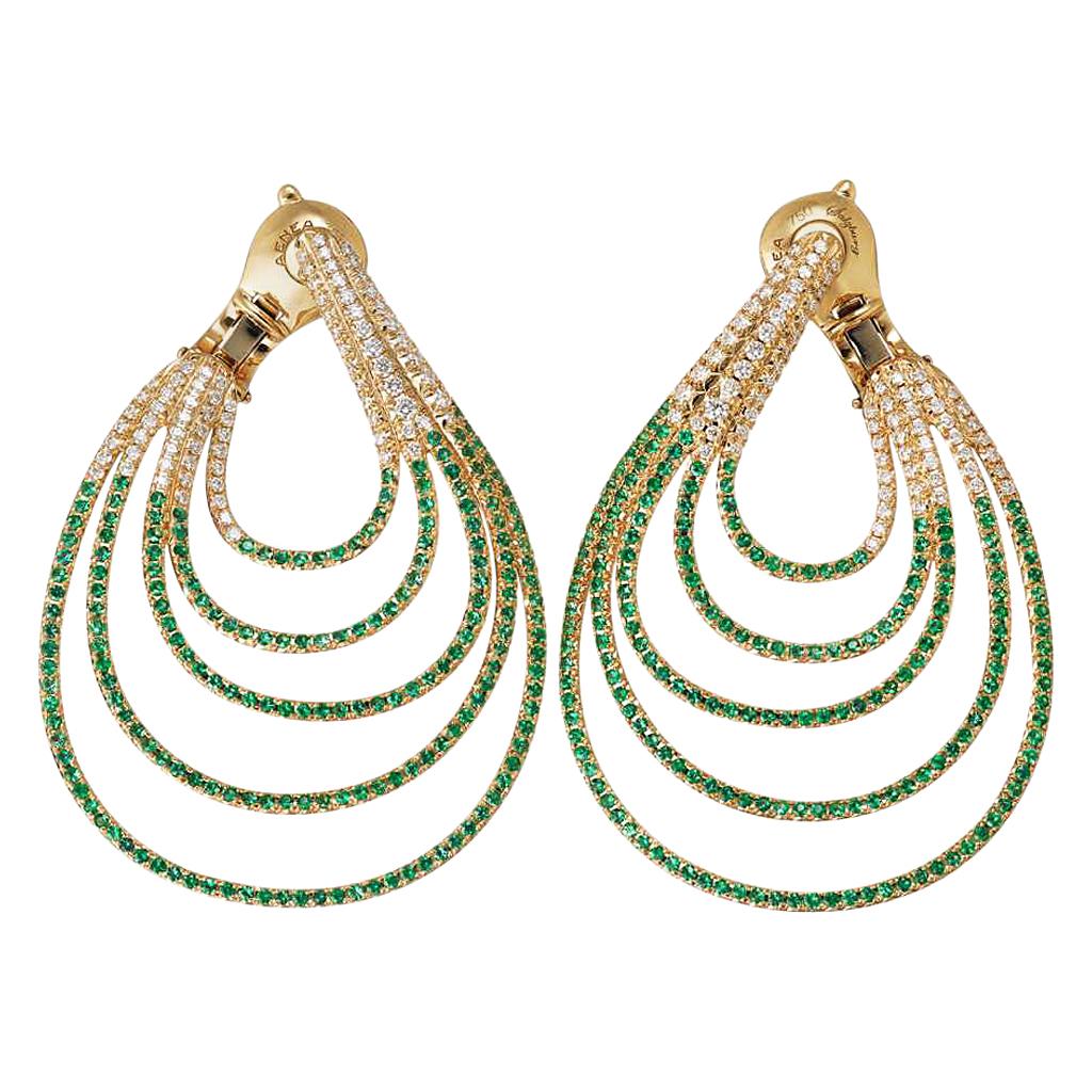 18 Karat Yellow Gold White Diamonds Emeralds Earrings Aenea Jewellery For Sale