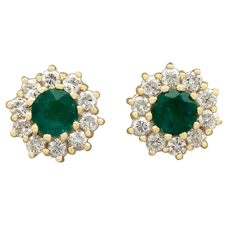 1970s Emerald and Diamond Yellow Gold Stud Earrings at 1stDibs