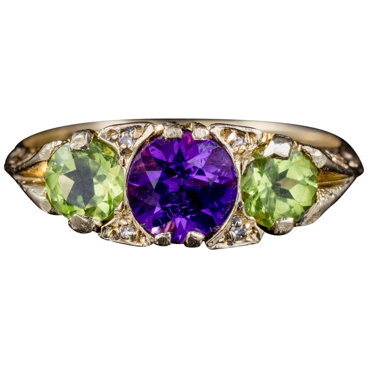 Antique Suffragette Peridot Amethyst Diamond Ring Victorian Dated 1902