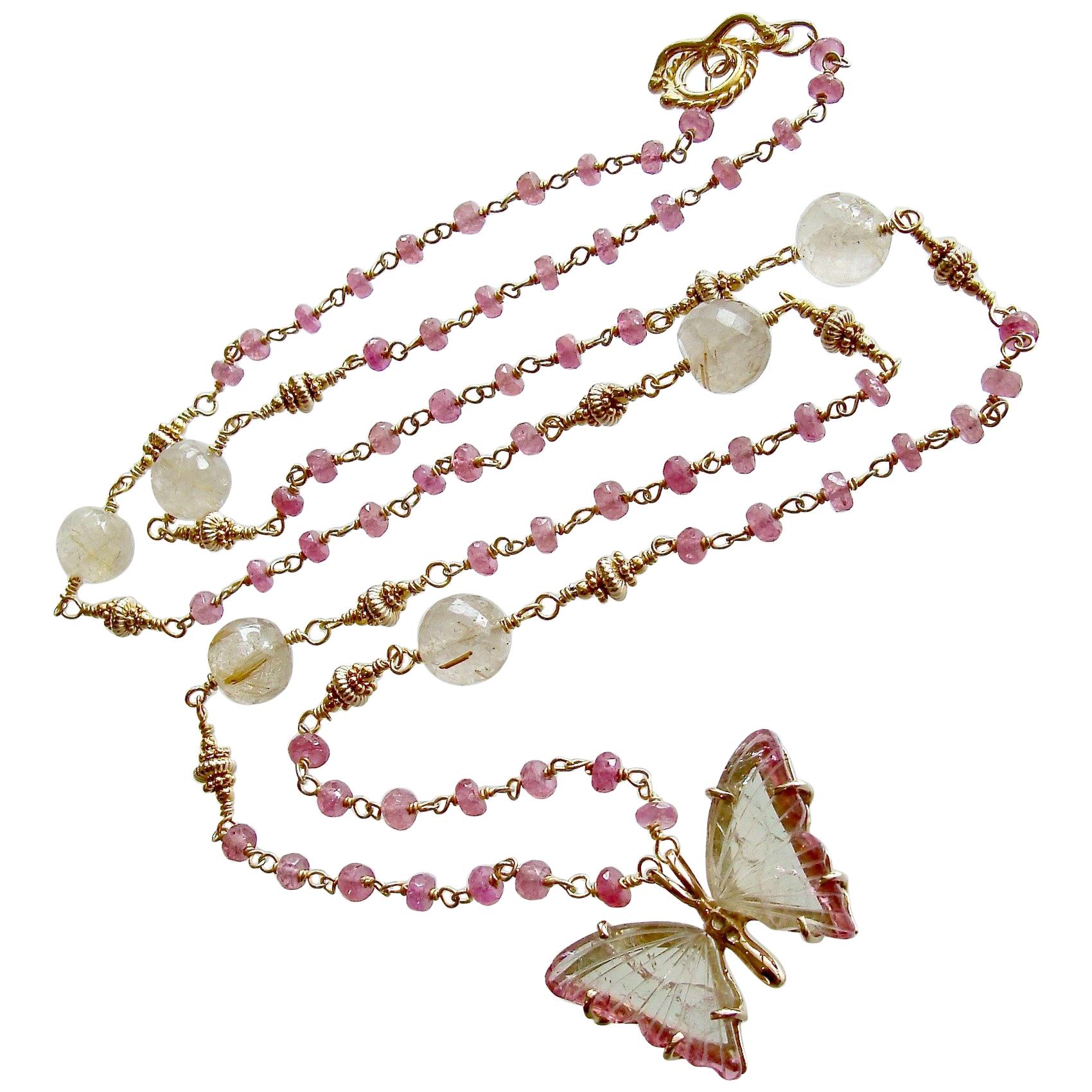 Watermelon Tourmaline Butterfly Necklace Pink Sapphires Rutilated Quartz