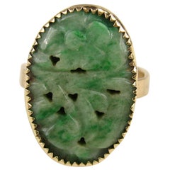 Yellow Gold and Carved Green Jade Ring Antique