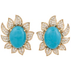 Boucles d'oreilles fleur en or 18 carats, turquoises et diamants