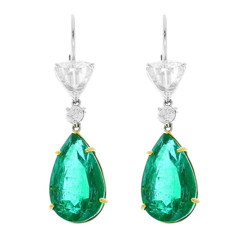 PGS Certified Pear Shape Emeralds and GIA Certified Rose Cut Diamond Earrings For Sale