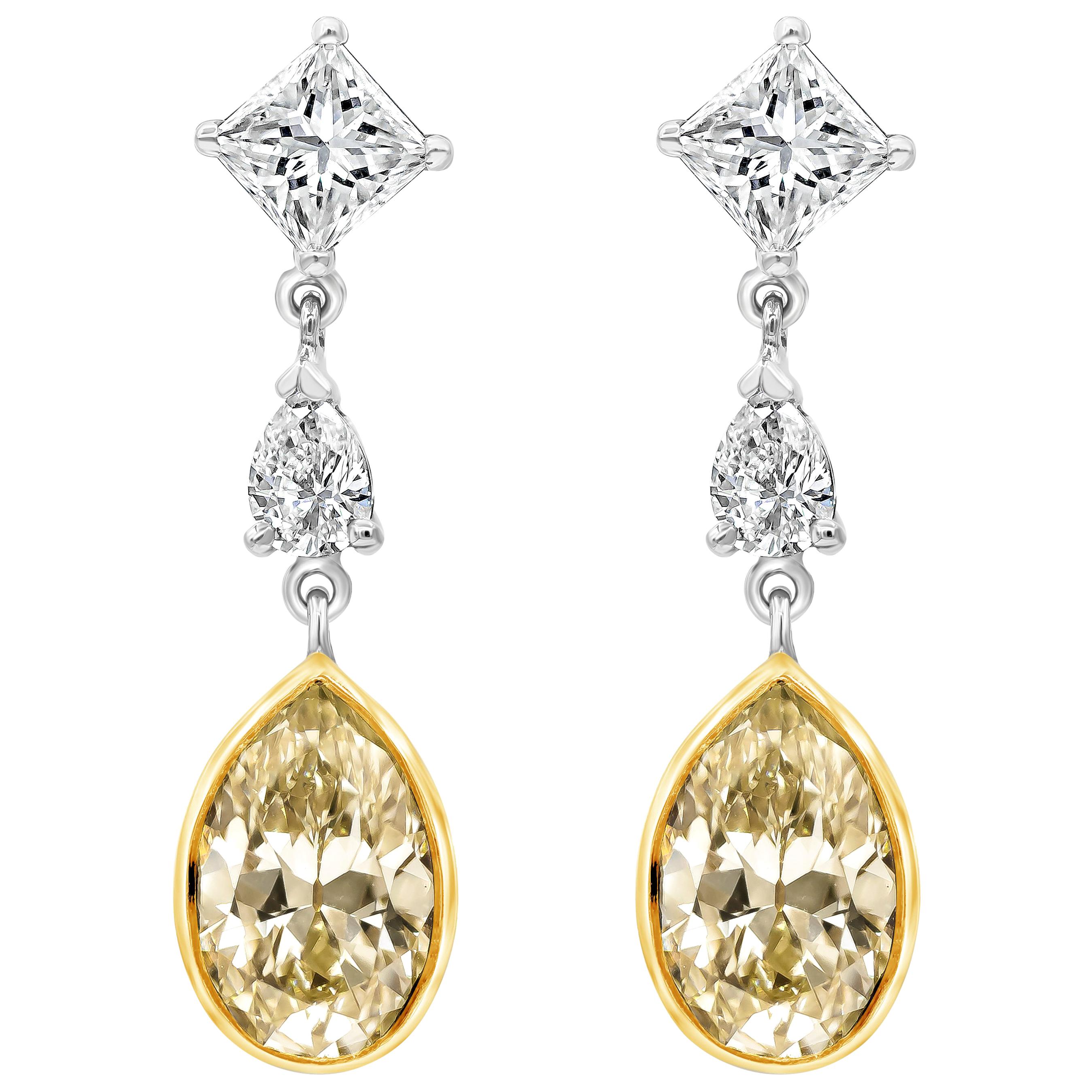 Roman Malakov 2.46 Carats Total Pear Shape Yellow Diamond Dangle Earrings For Sale