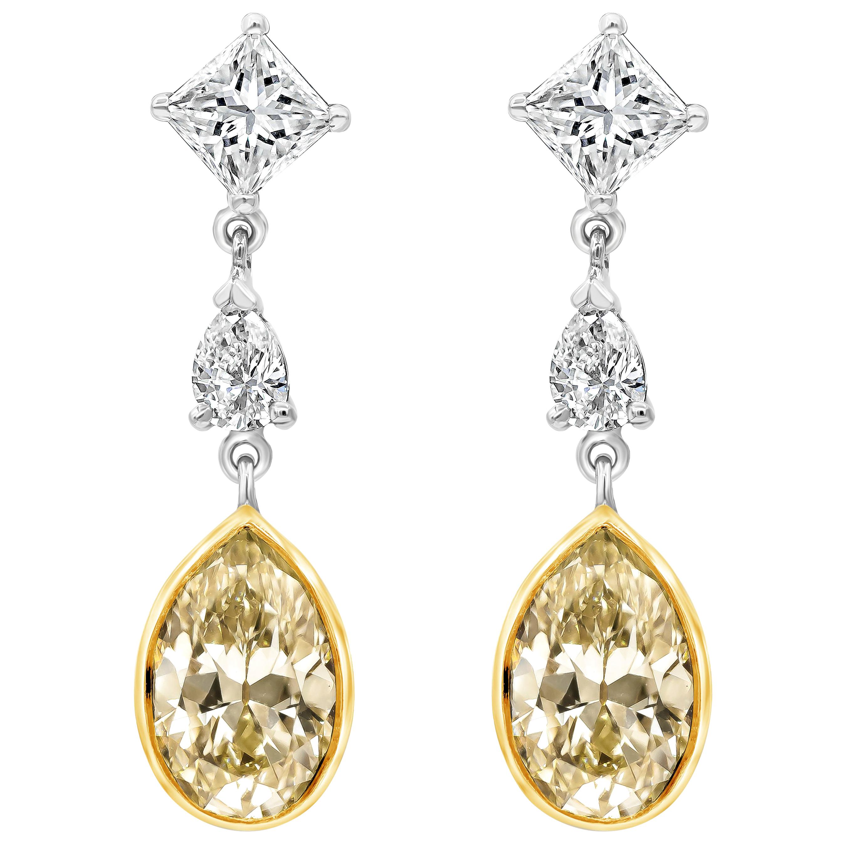 Roman Malakov Pendientes Colgantes de Diamantes Amarillos en Forma de Pera de 2,46 Quilates Totales
