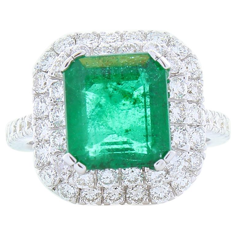 4.09 Carat Emerald Cut Emerald and Diamond Cocktail Ring in 18 Karat White Gold