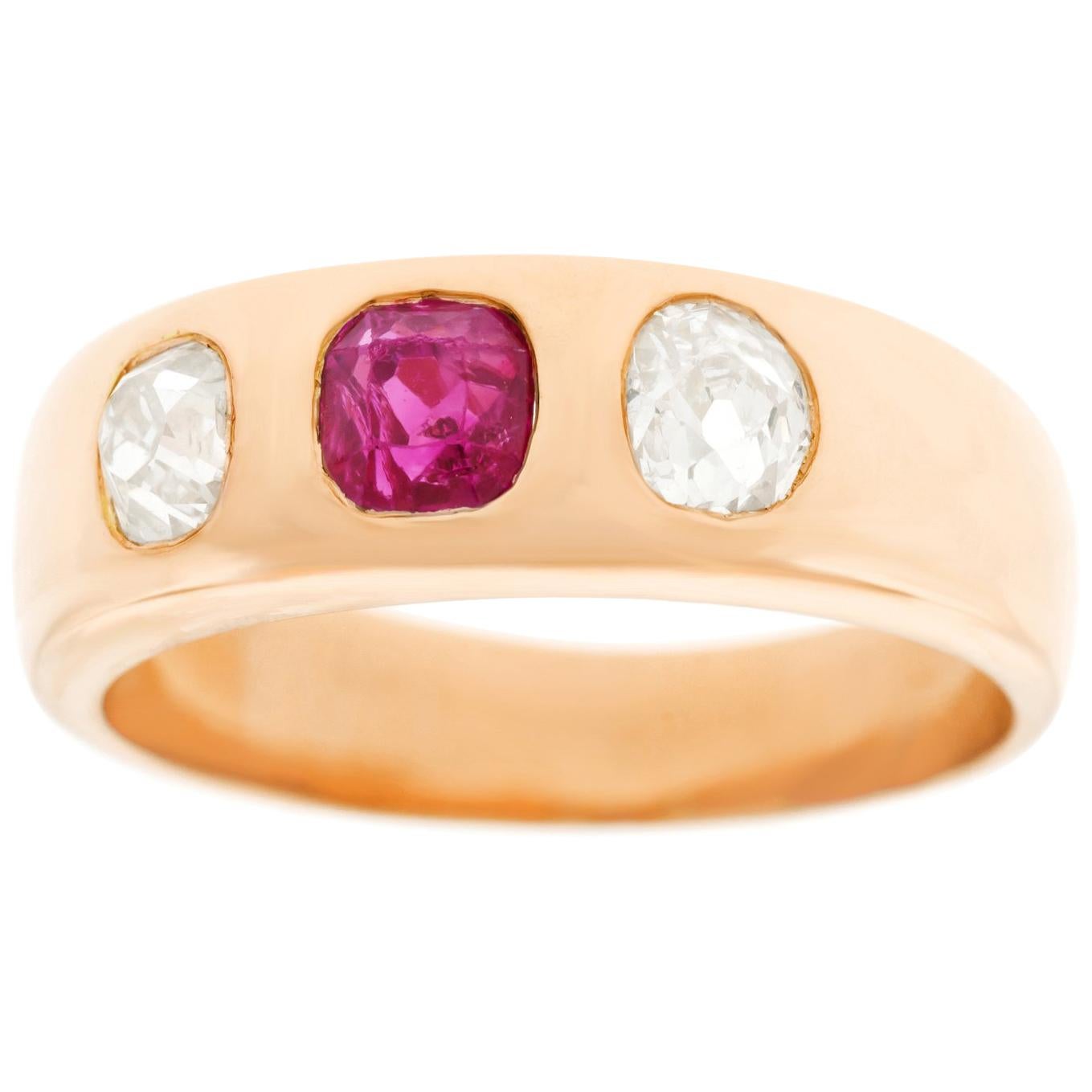 Diamond and Ruby Gypsy Set Art Deco Gold Ring