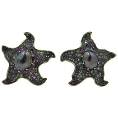 Marilyn Cooperman Multicolored Sapphire, Diamond and Pearl Starfish Earrings