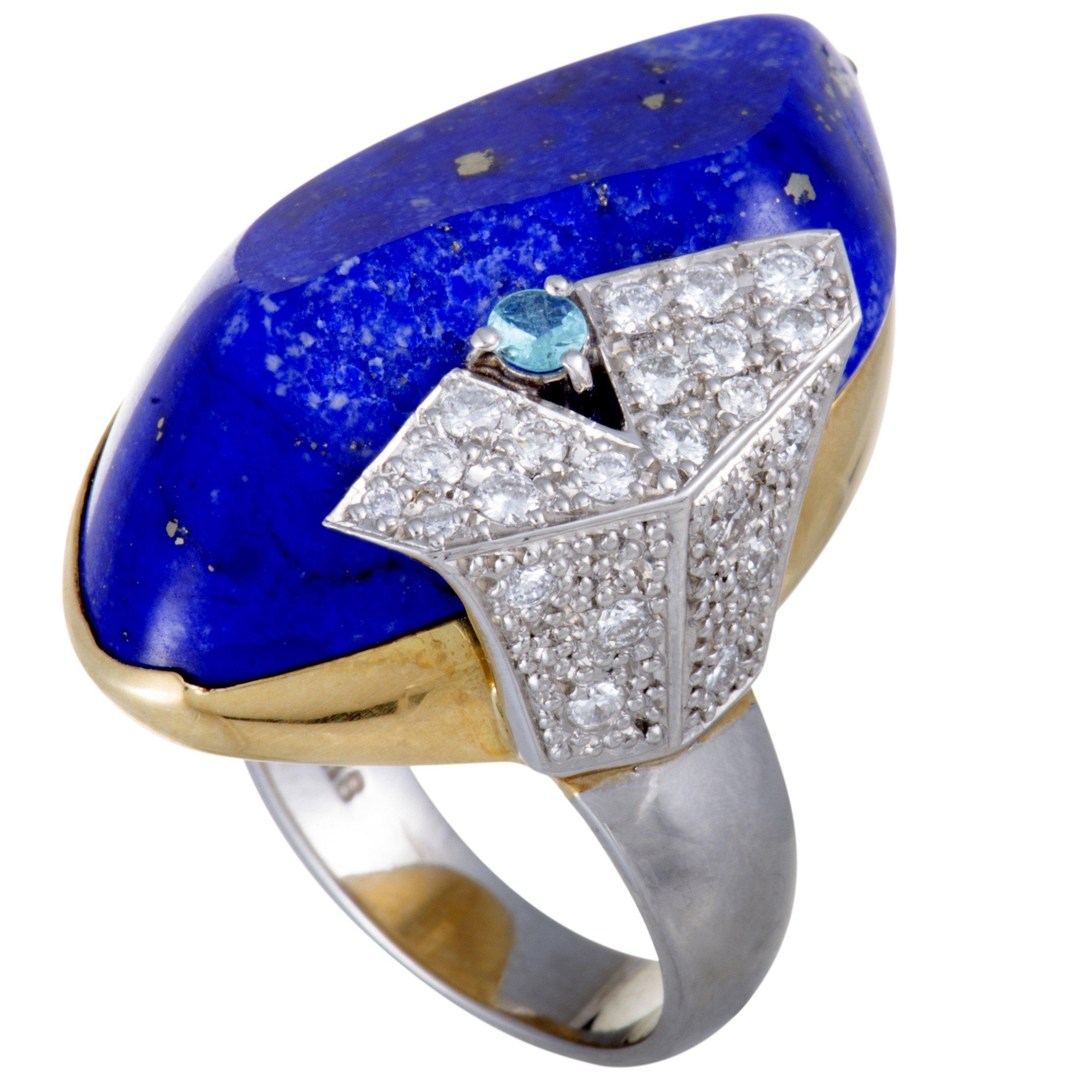 White and Blue Diamond Lapis White and Yellow Gold Ring
