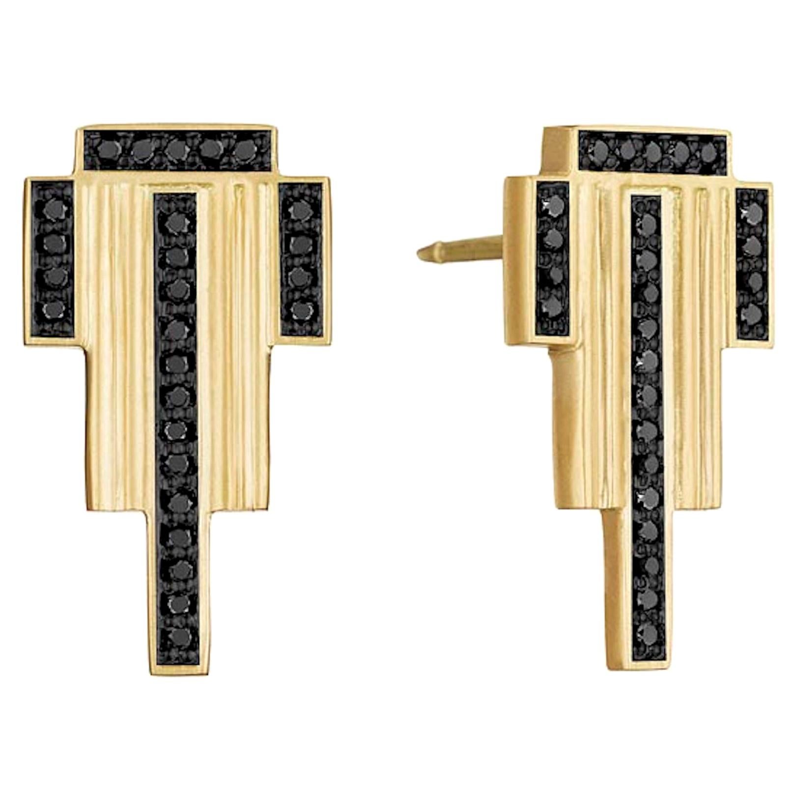 Doryn Wallach Black Diamond and Yellow Gold Empire Stud Earrings For Sale