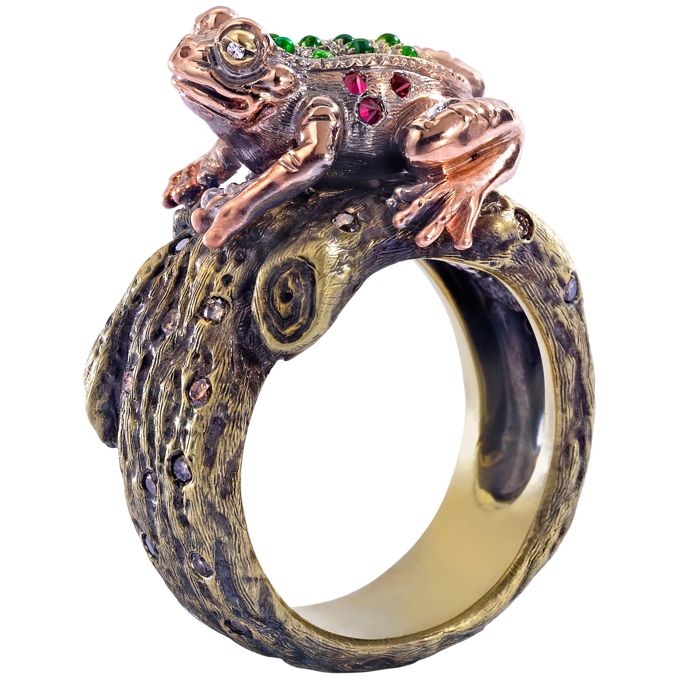 Wendy Brandes One-of-a-Kind 18K Gold and Gemstone Frog Ring With Hidden Prince