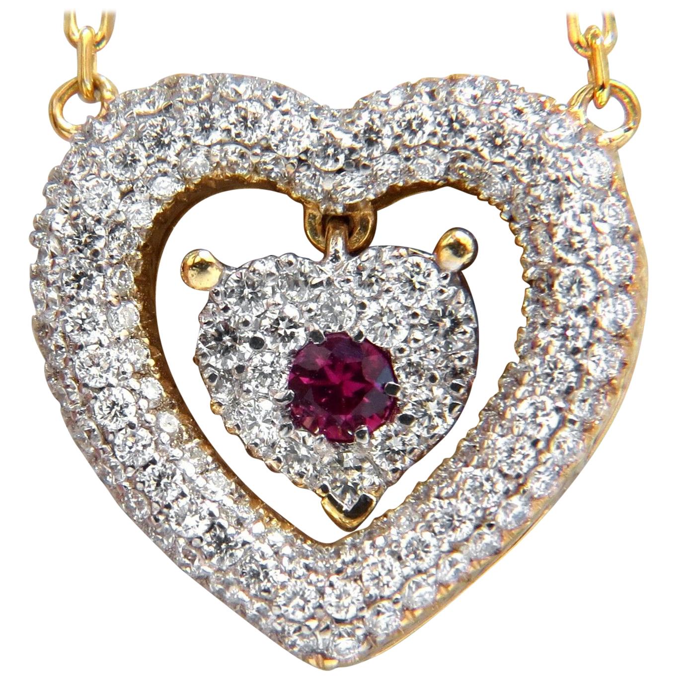 .75 Carat Natural Ruby Diamonds Dangle Heart Necklace 18 Karat