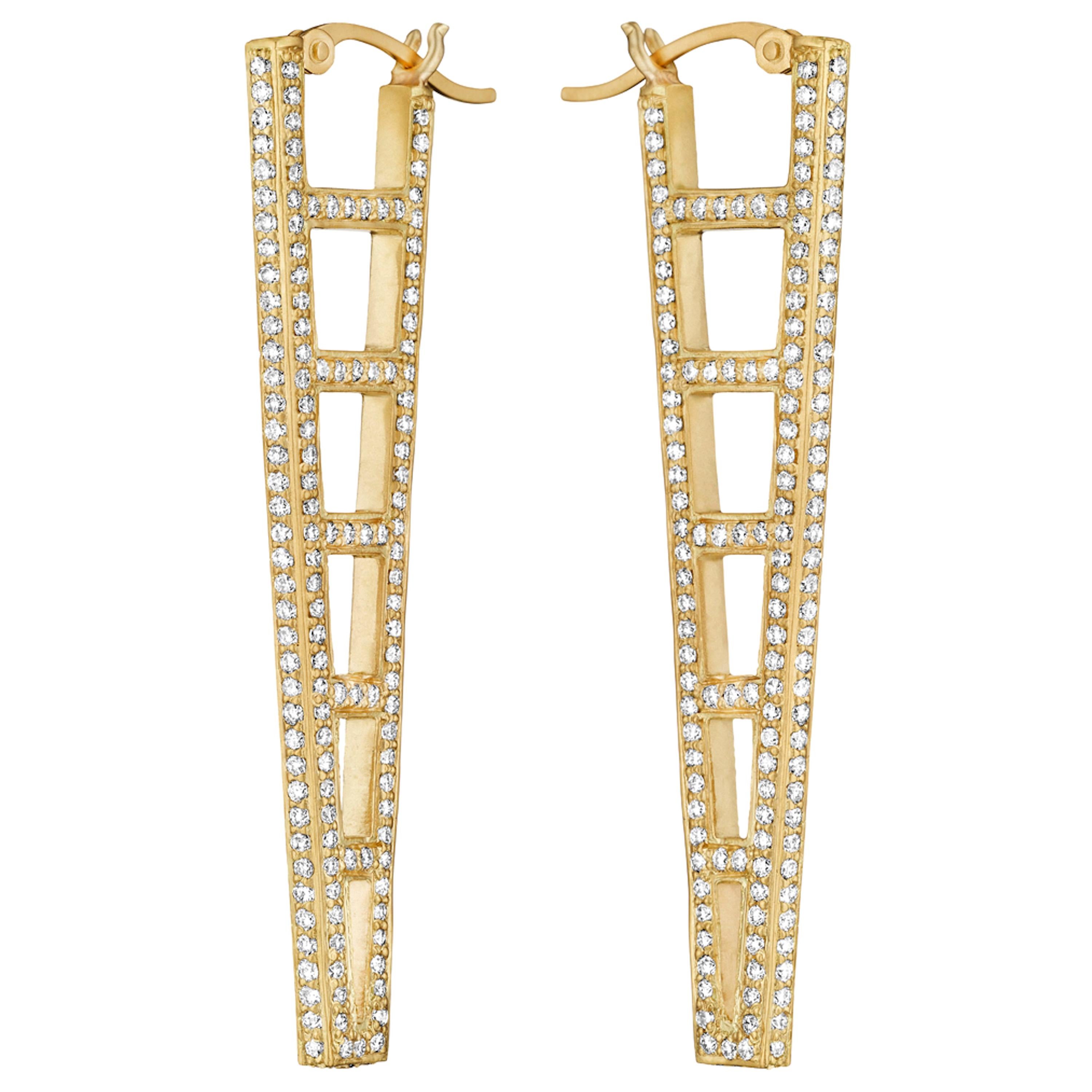 Doryn Wallach White Diamond and Yellow Gold Ladder Hoop Earrings For Sale