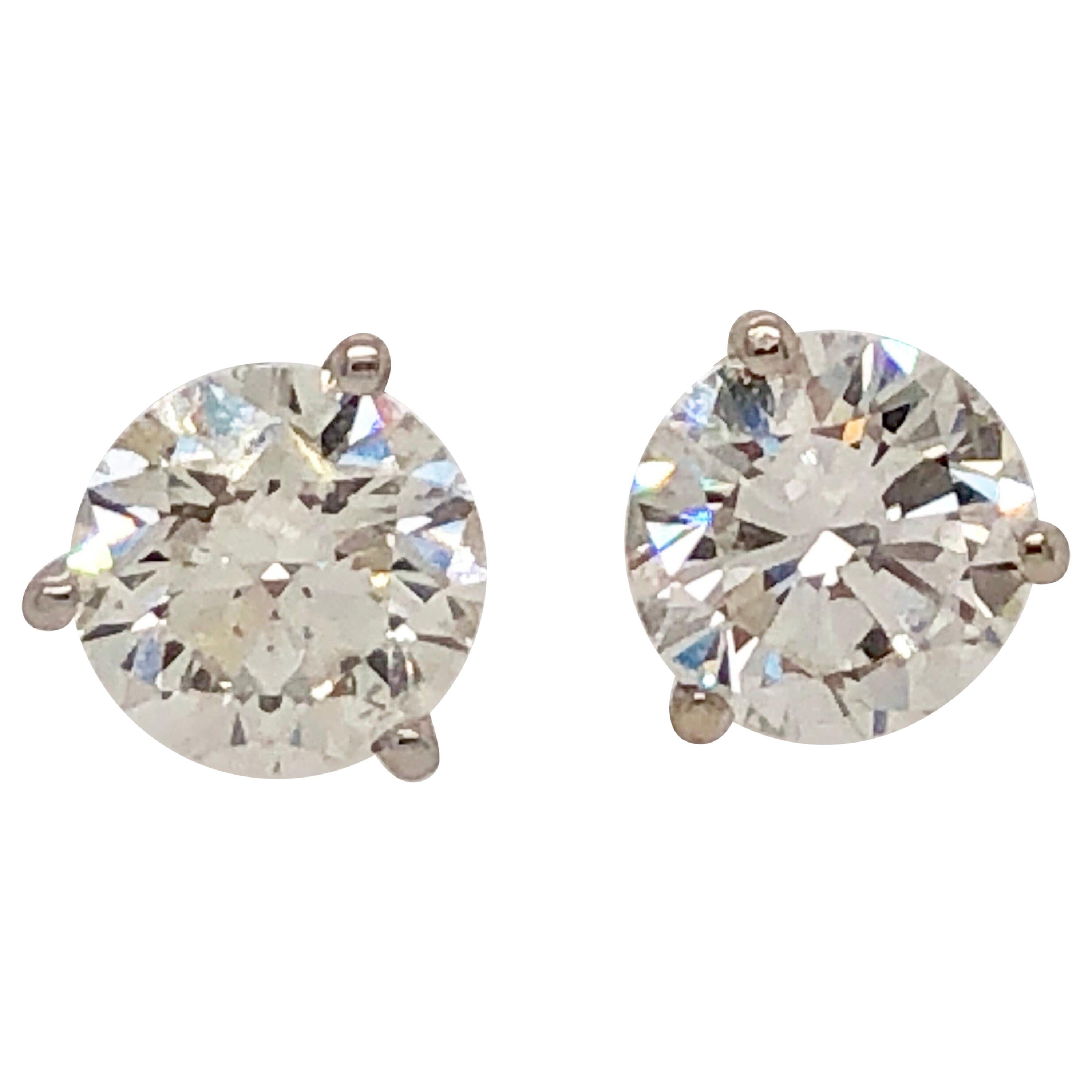1.39 Carat Round Cut Diamond and White Gold Diamond Stud Earrings