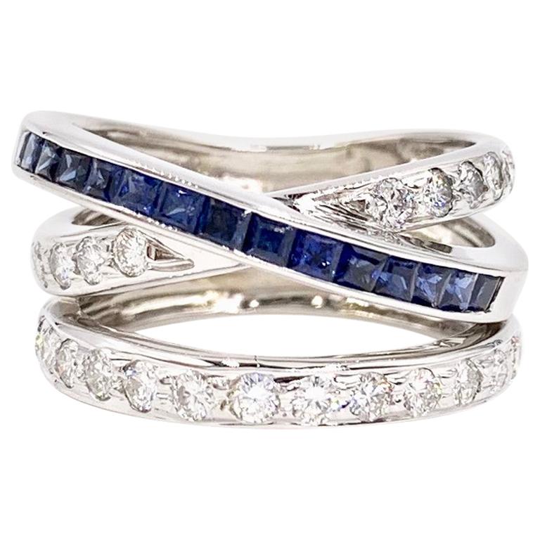 White Gold Diamond and Sapphire Crossover Ring For Sale