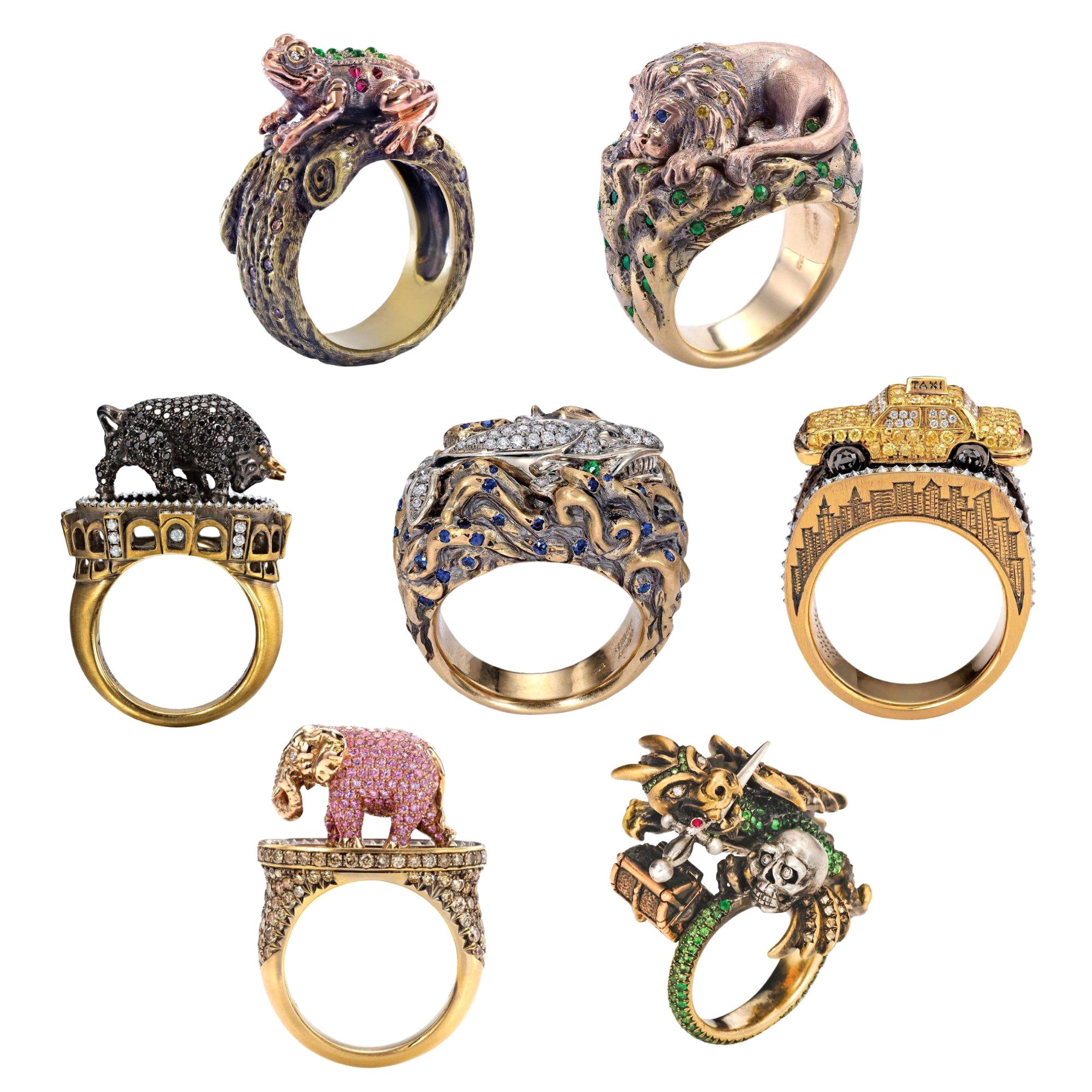 Wendy Brandes 7-Ring Diamond and Colored Gemstone Animal-Design Collection