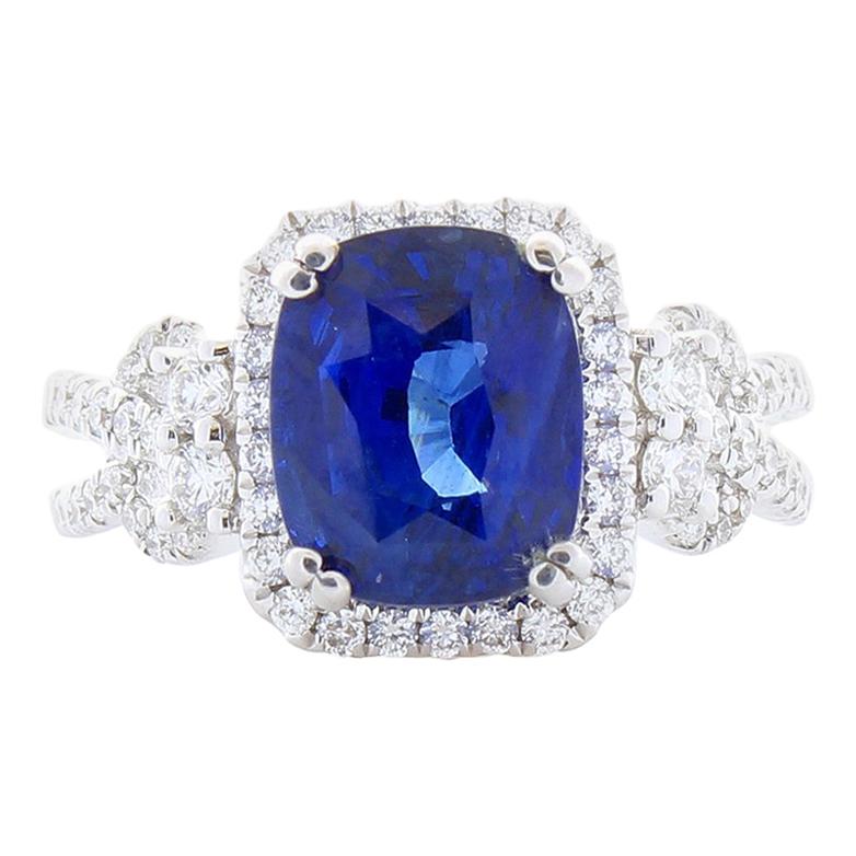 EGL Gem Lab Certified Cushion Cut Blue Sapphire & Diamond Cocktail Ring In 18k