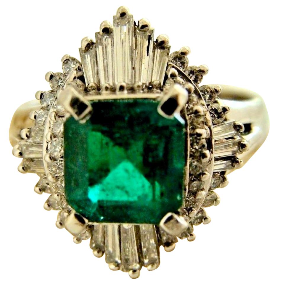 Antique Emerald Diamond Platinum Engagement Ring