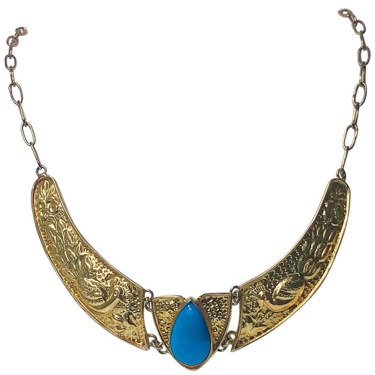 Art Nouveau Style Yellow Gold and Turquoise Necklace