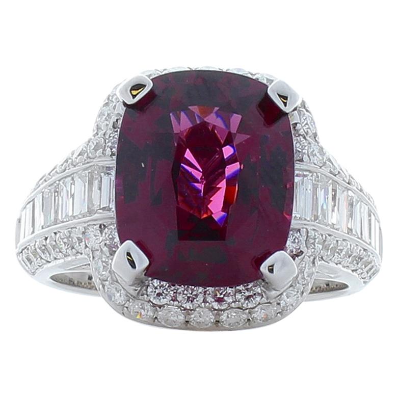 Emteem Lab Certified 6.47 Carat Cushion Cut Red Garnet and Diamond Cocktail Ring